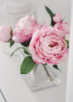Small Pink Faux Peony Arrangement in Glass Vase - 9"