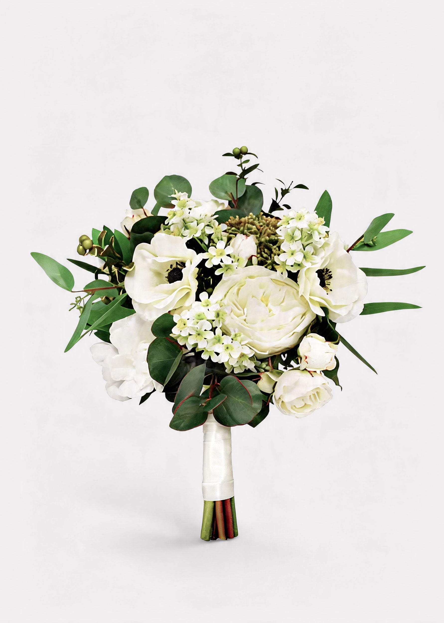 White Artificial Rose and Poppy Flower Bouquet - 17"