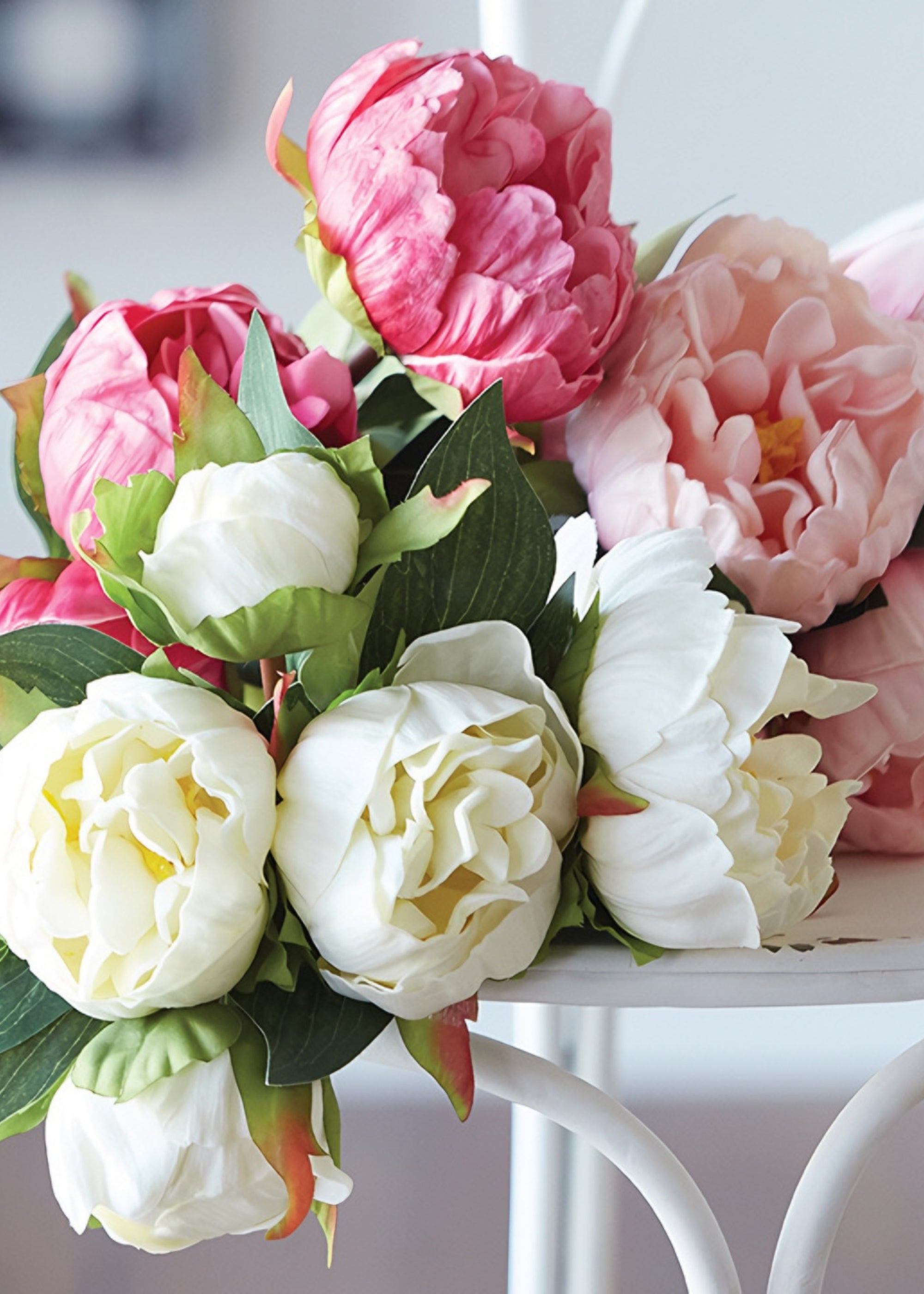 Cream White Real Touch Peony Fake Flower Bundle - 10.5"