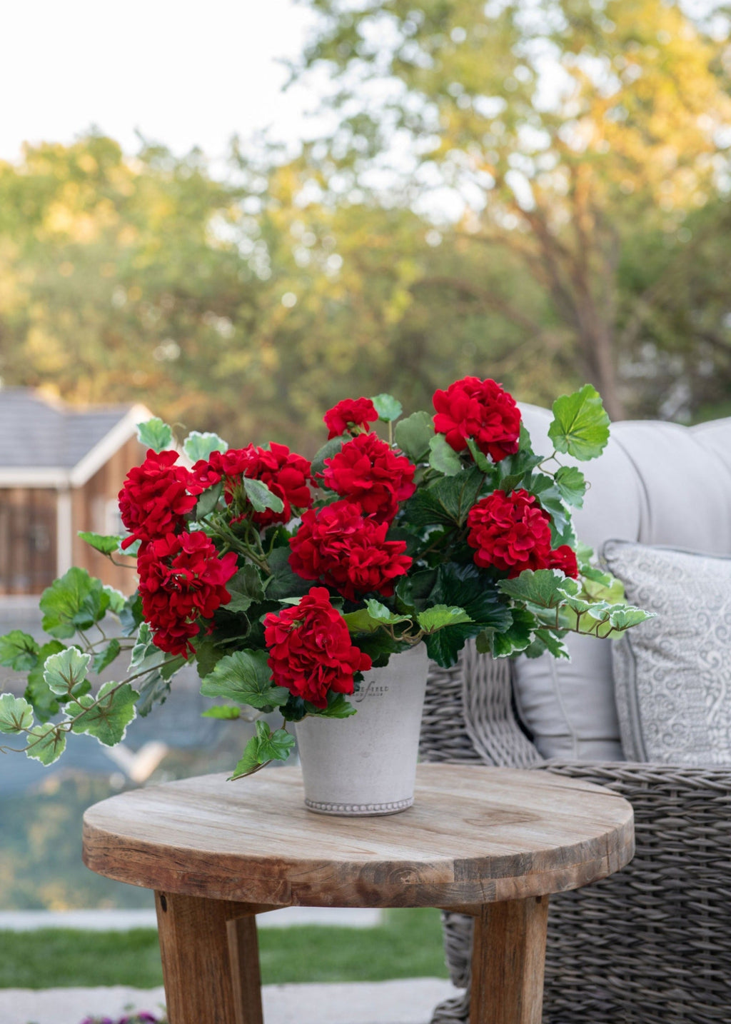 Outdoor Fake Flowers | Water Resistant Outdoor Red Geranium Bush - 18"
