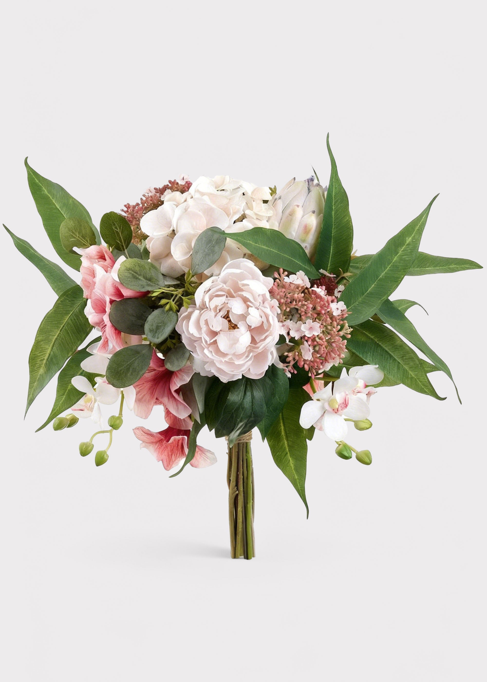 Blush Pink Fake Peony and Orchid Tropical Flower Bouquet - 16"