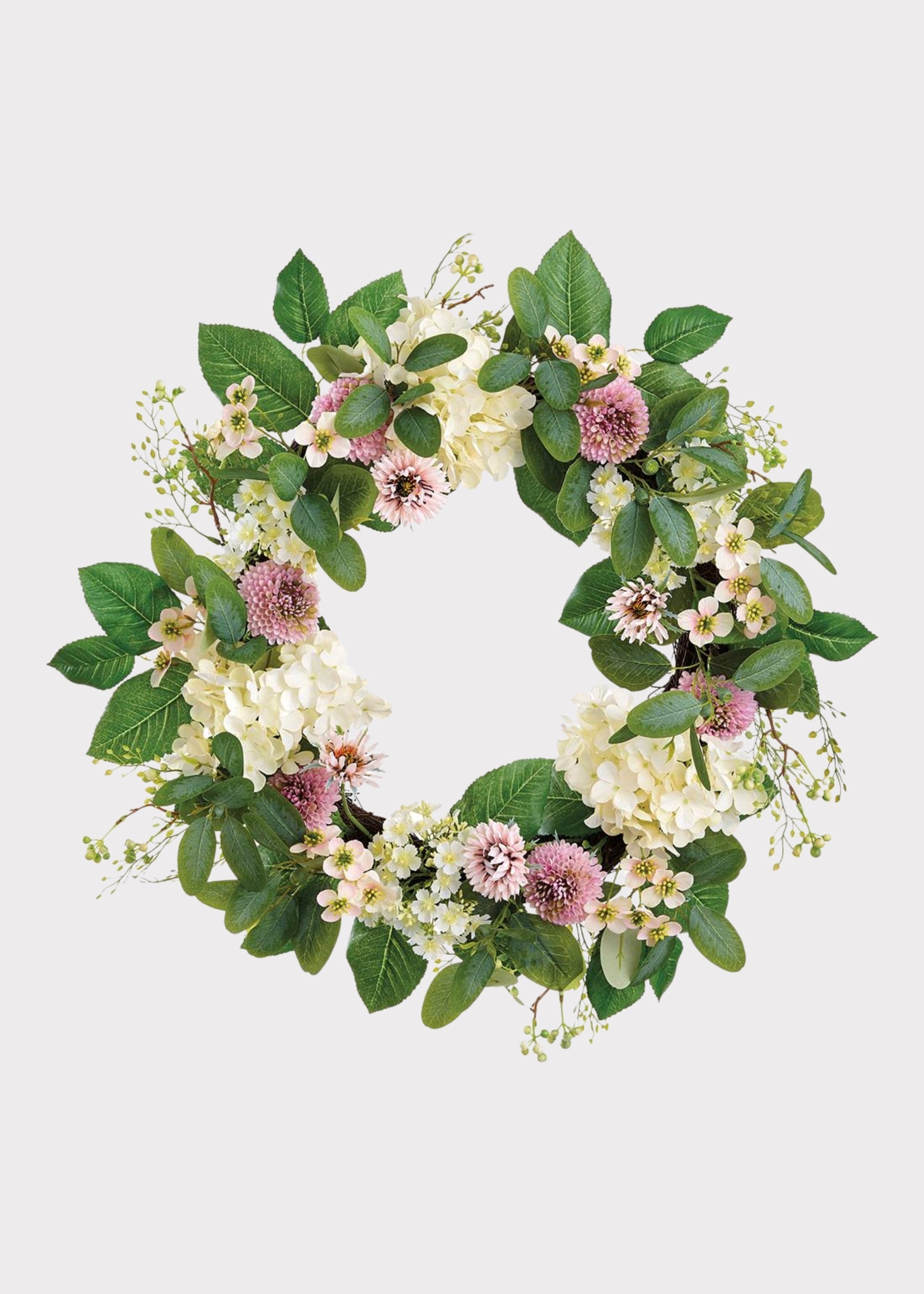 Dahlia and Hydrangea Fake Flower Wreath in Pink Cream - 24"
