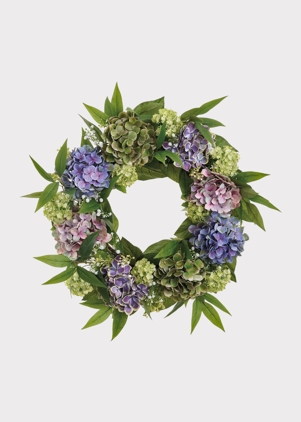 Purple Green Fake Hydrangea and Snowball Flower Wreath - 22"
