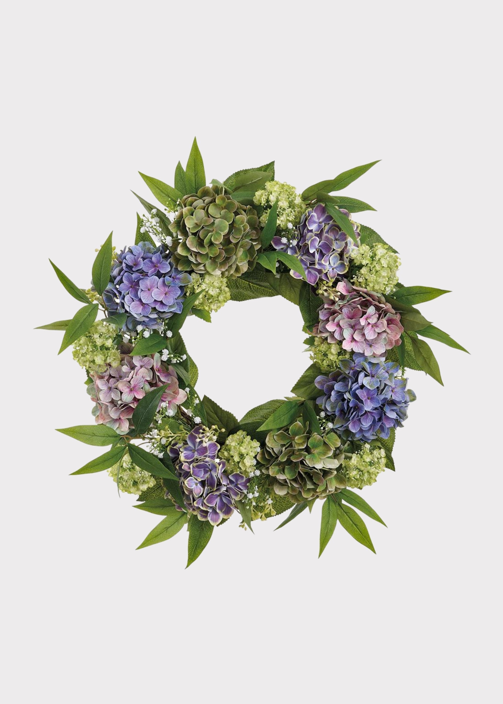 Purple Green Fake Hydrangea and Snowball Flower Wreath - 22"