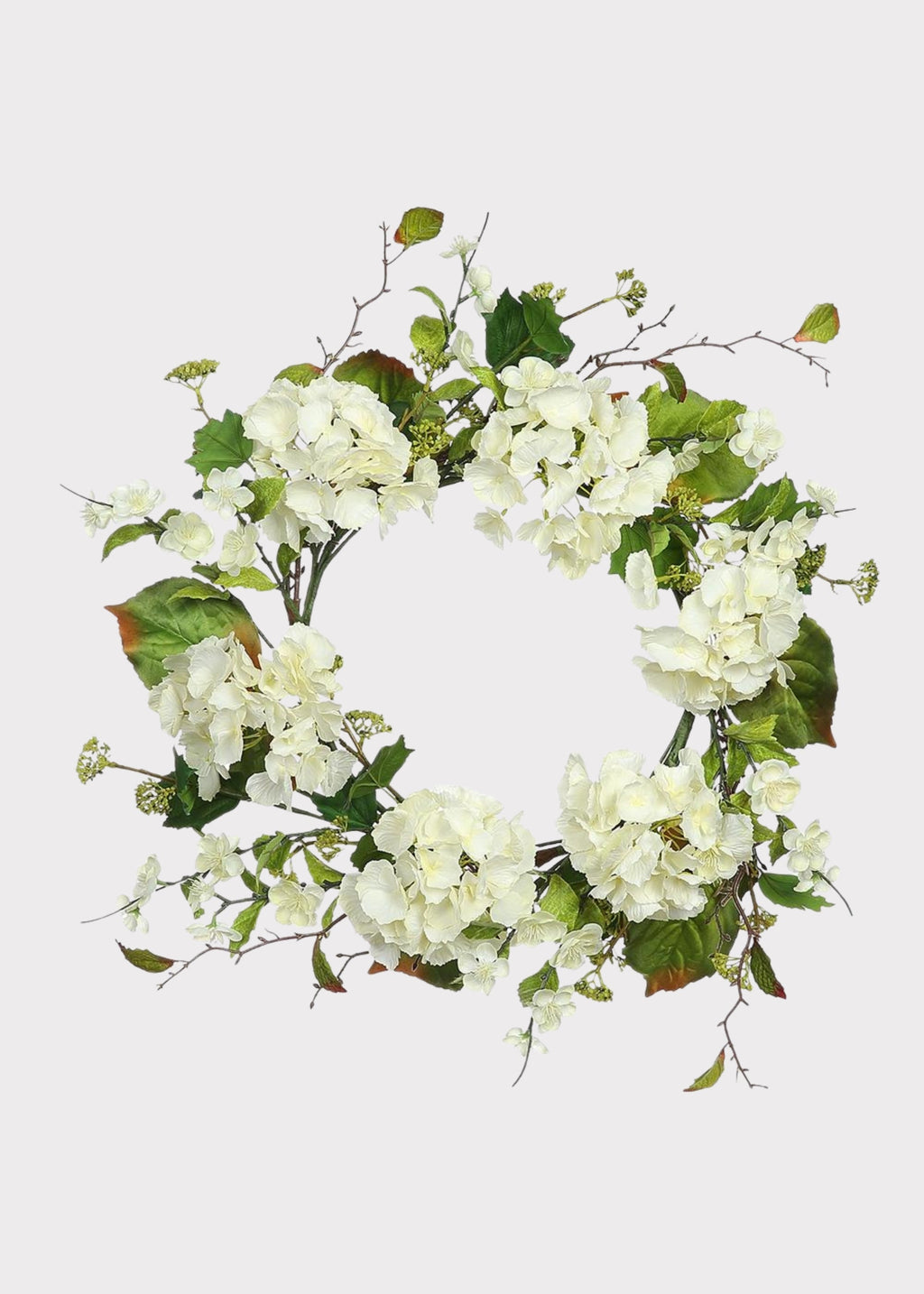 Artificial Hydrangea and Foliage Wreath in Cream Green - 24"