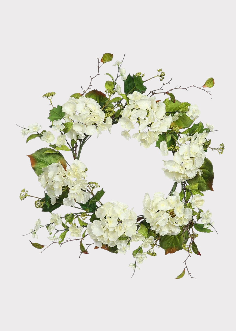 Artificial Hydrangea and Foliage Wreath in Cream Green - 24"