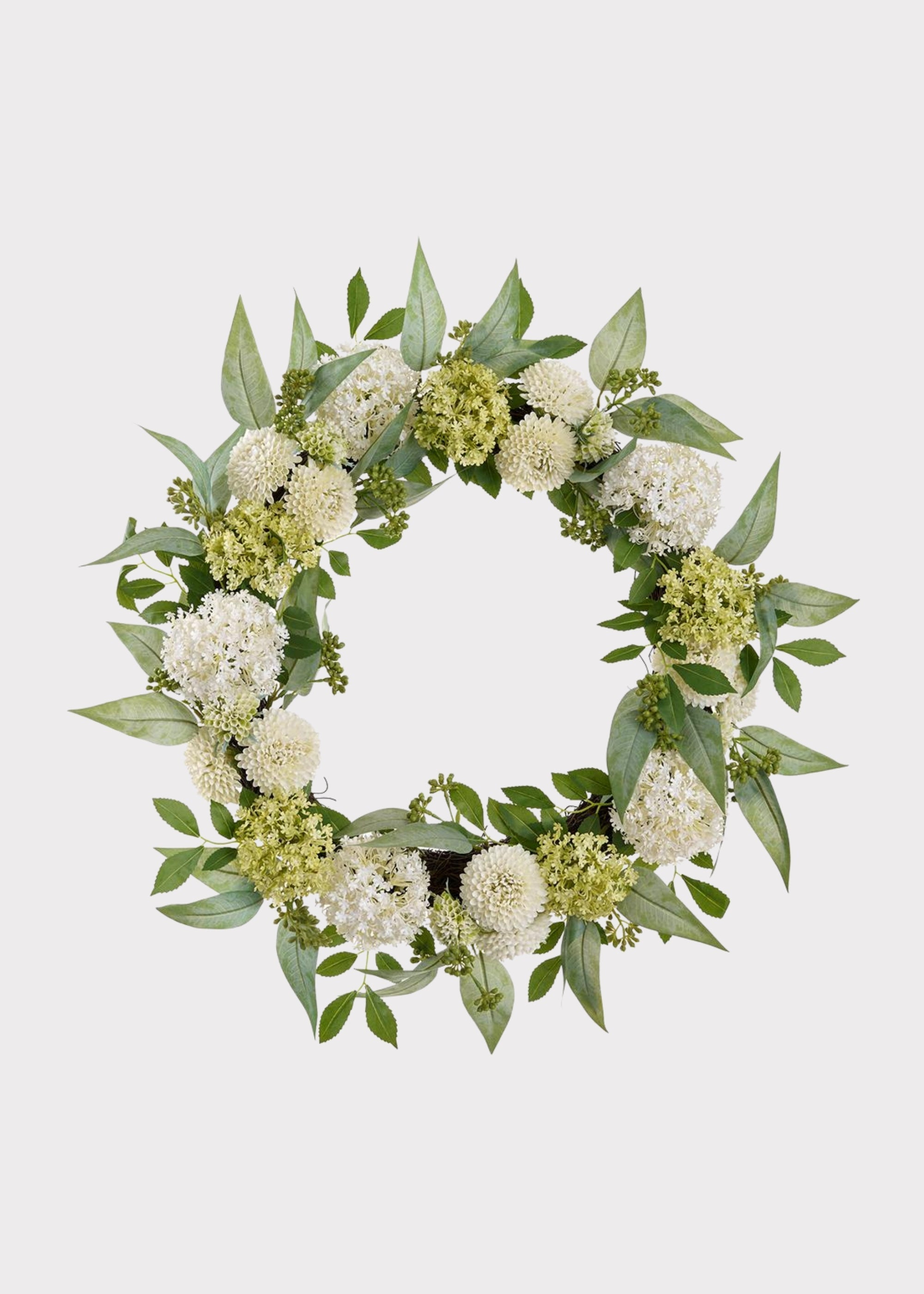 Cream Green Fake Snowball and Mum Flower Wreath with Sedum - 24"