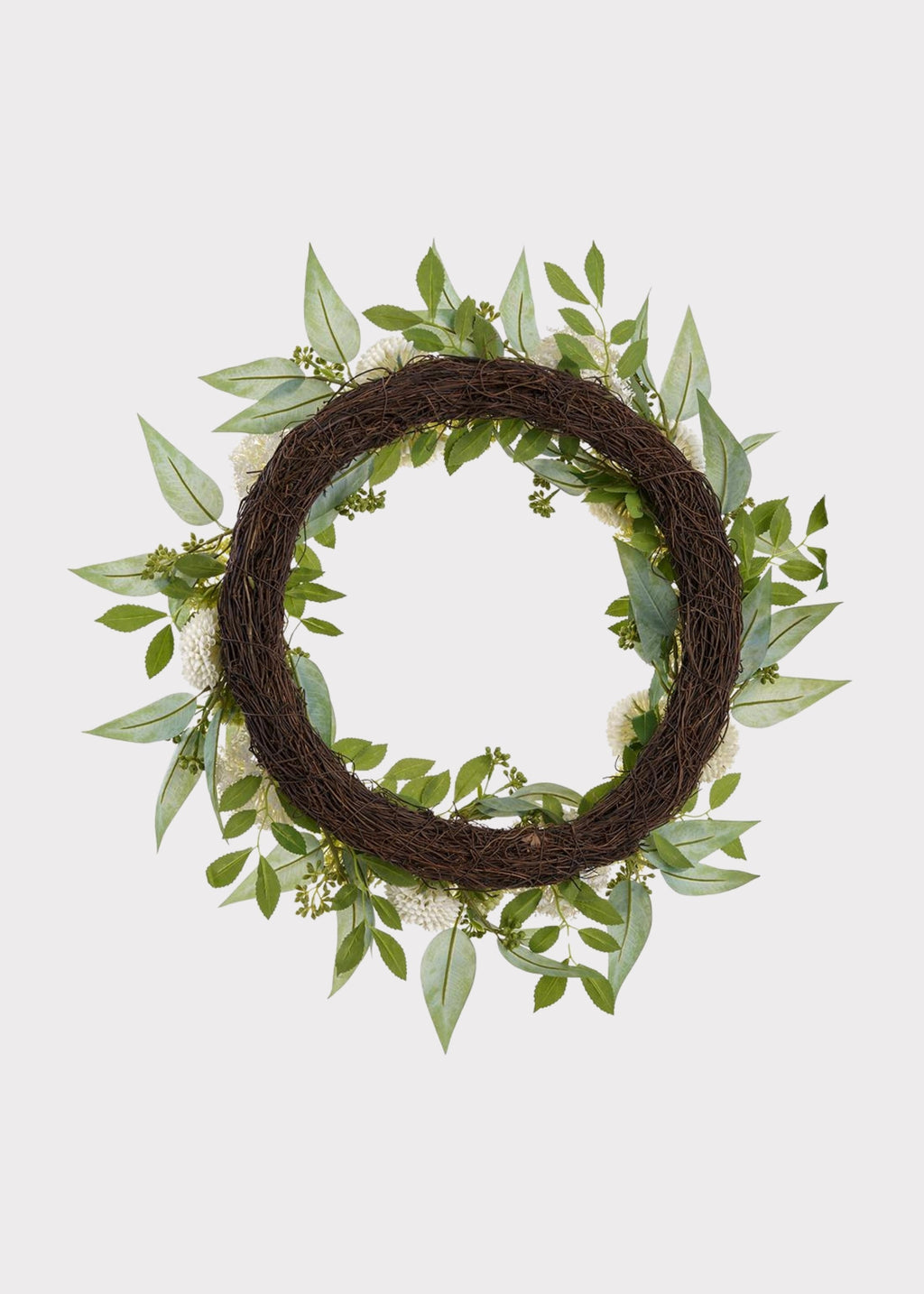 Cream Green Fake Snowball and Mum Flower Wreath with Sedum - 24"