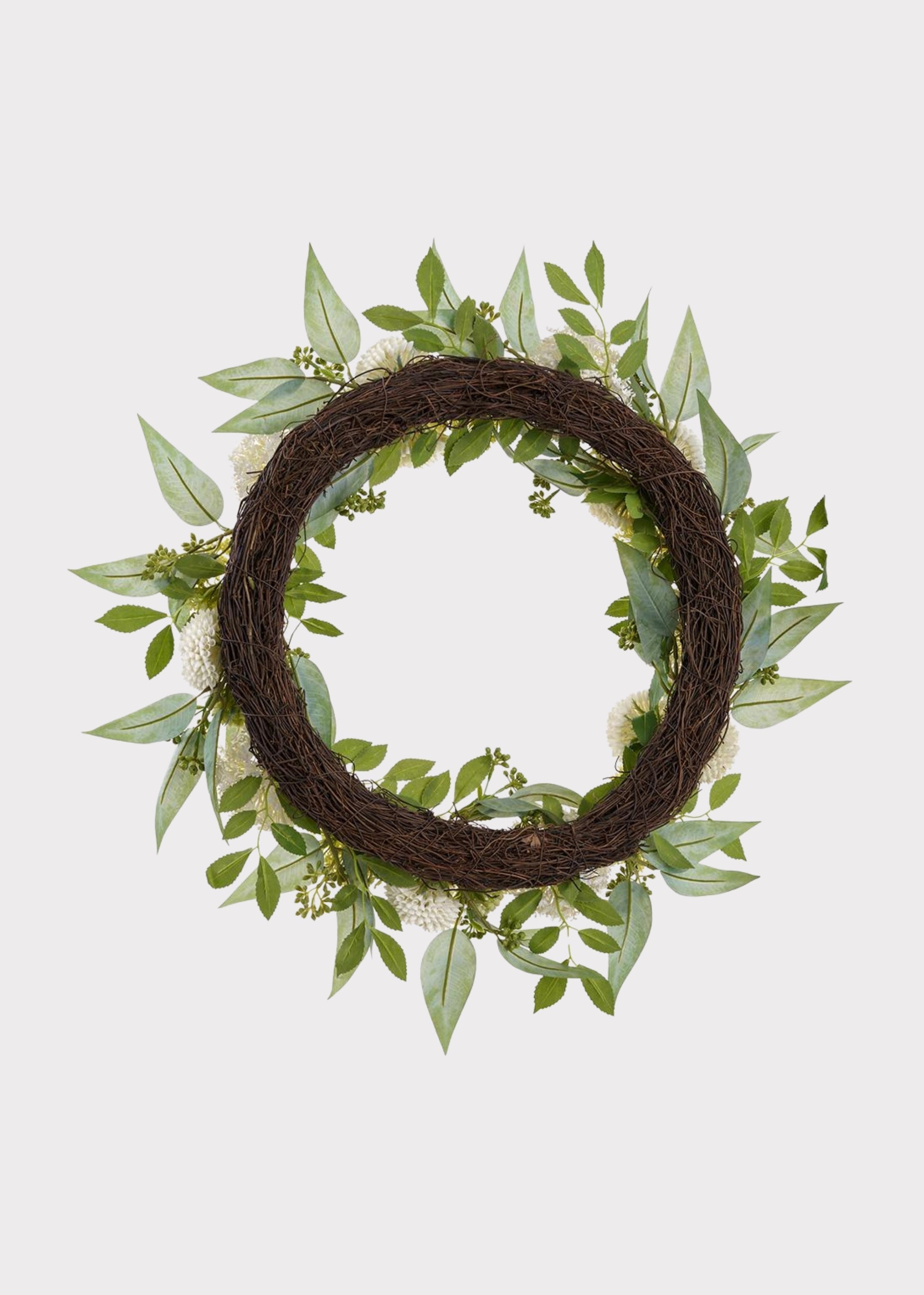 Cream Green Fake Snowball and Mum Flower Wreath with Sedum - 24"