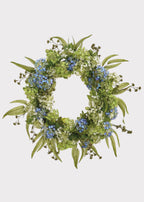 Snowball and Eucalyptus Fake Flower Wreath in Blue and Green - 25"