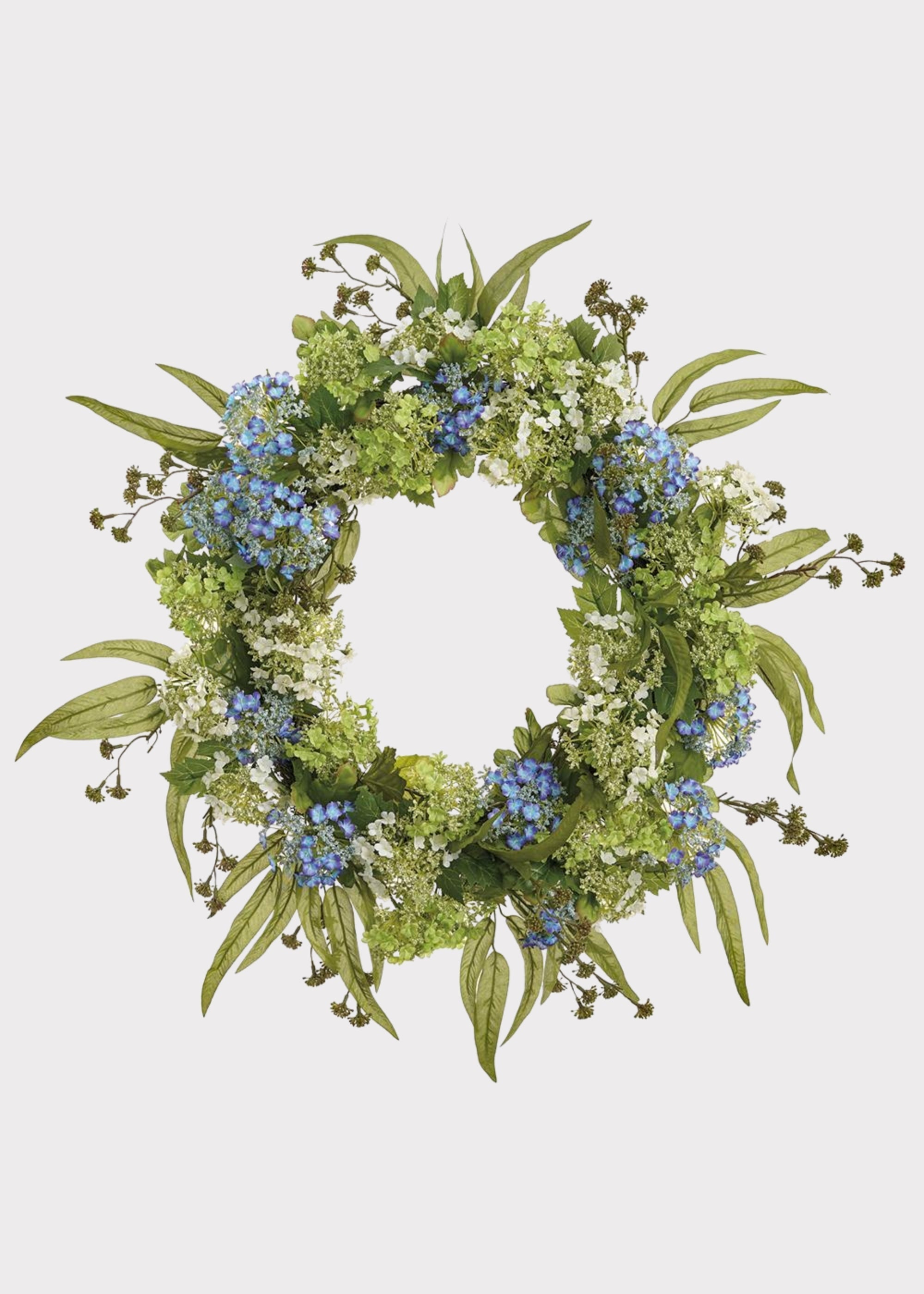 Snowball and Eucalyptus Fake Flower Wreath in Blue and Green - 25"