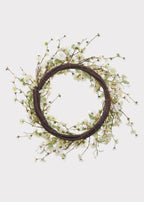 Artificial Wispy Cherry Blossom Flower Wreath in Cream Green - 24"