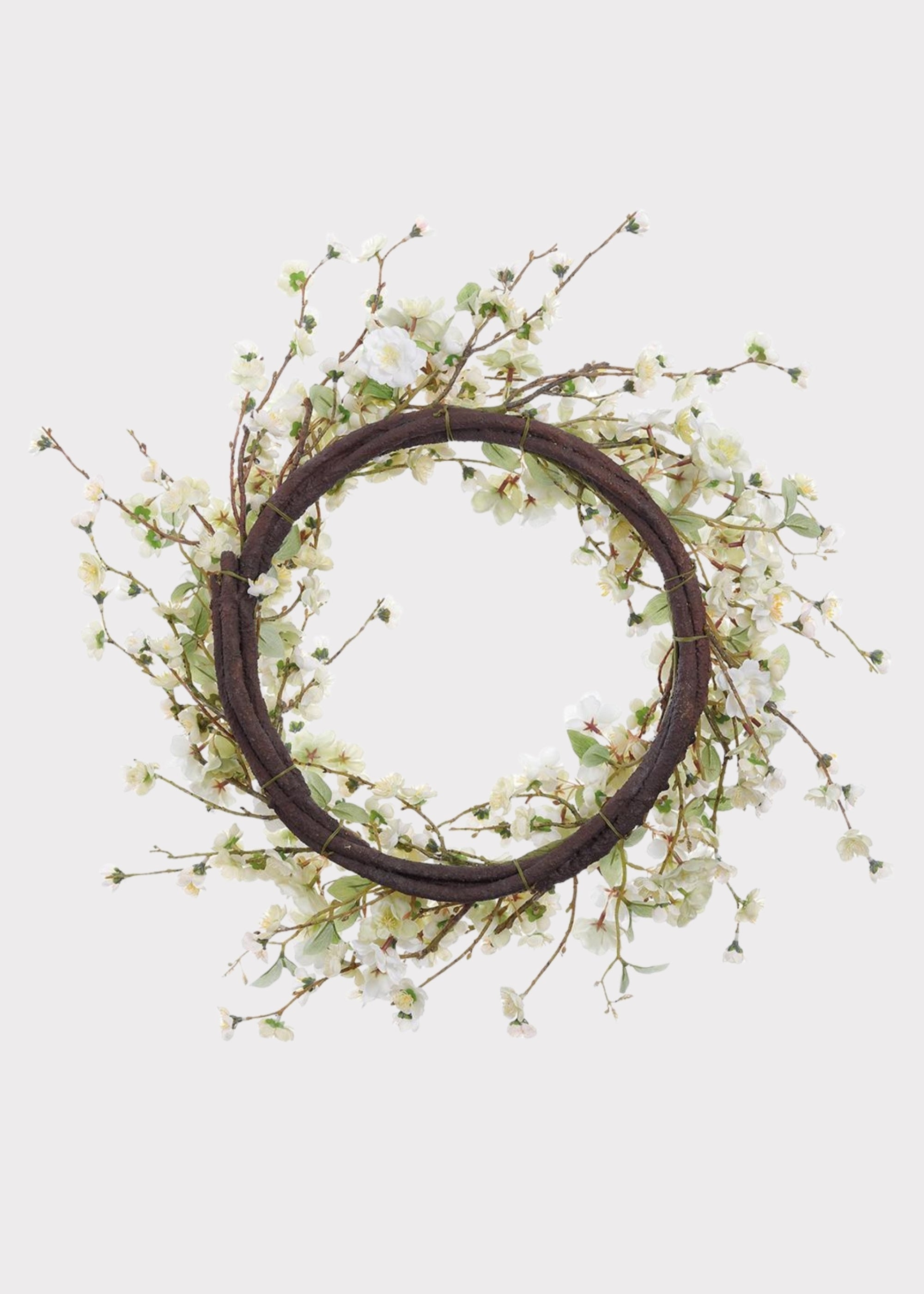 Artificial Wispy Cherry Blossom Flower Wreath in Cream Green - 24"