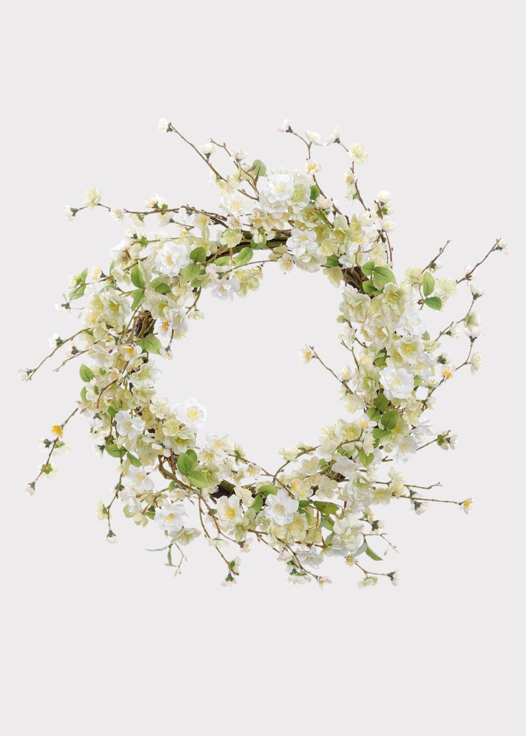 Artificial Wispy Cherry Blossom Flower Wreath in Cream Green - 24"
