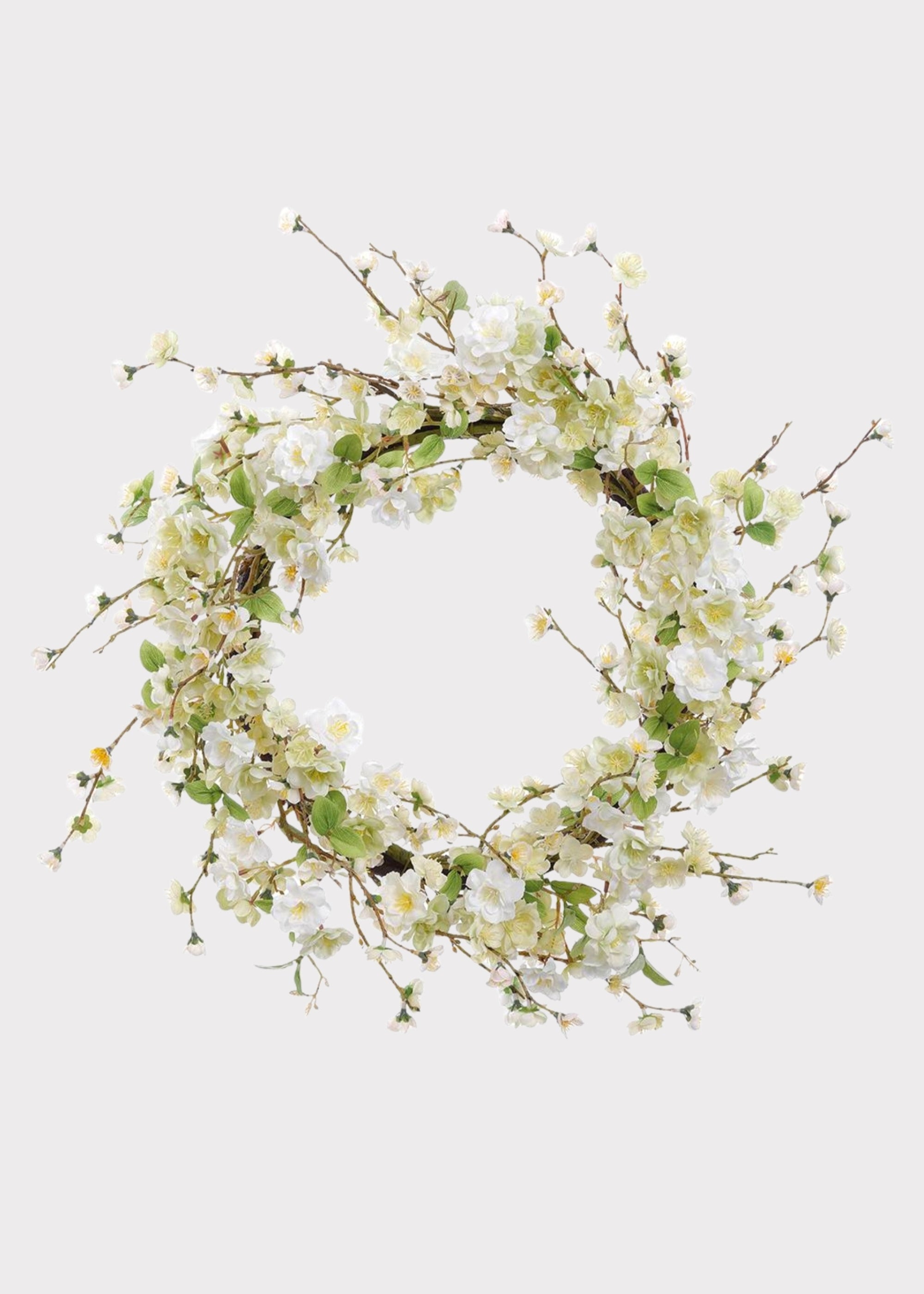 Artificial Wispy Cherry Blossom Flower Wreath in Cream Green - 24"