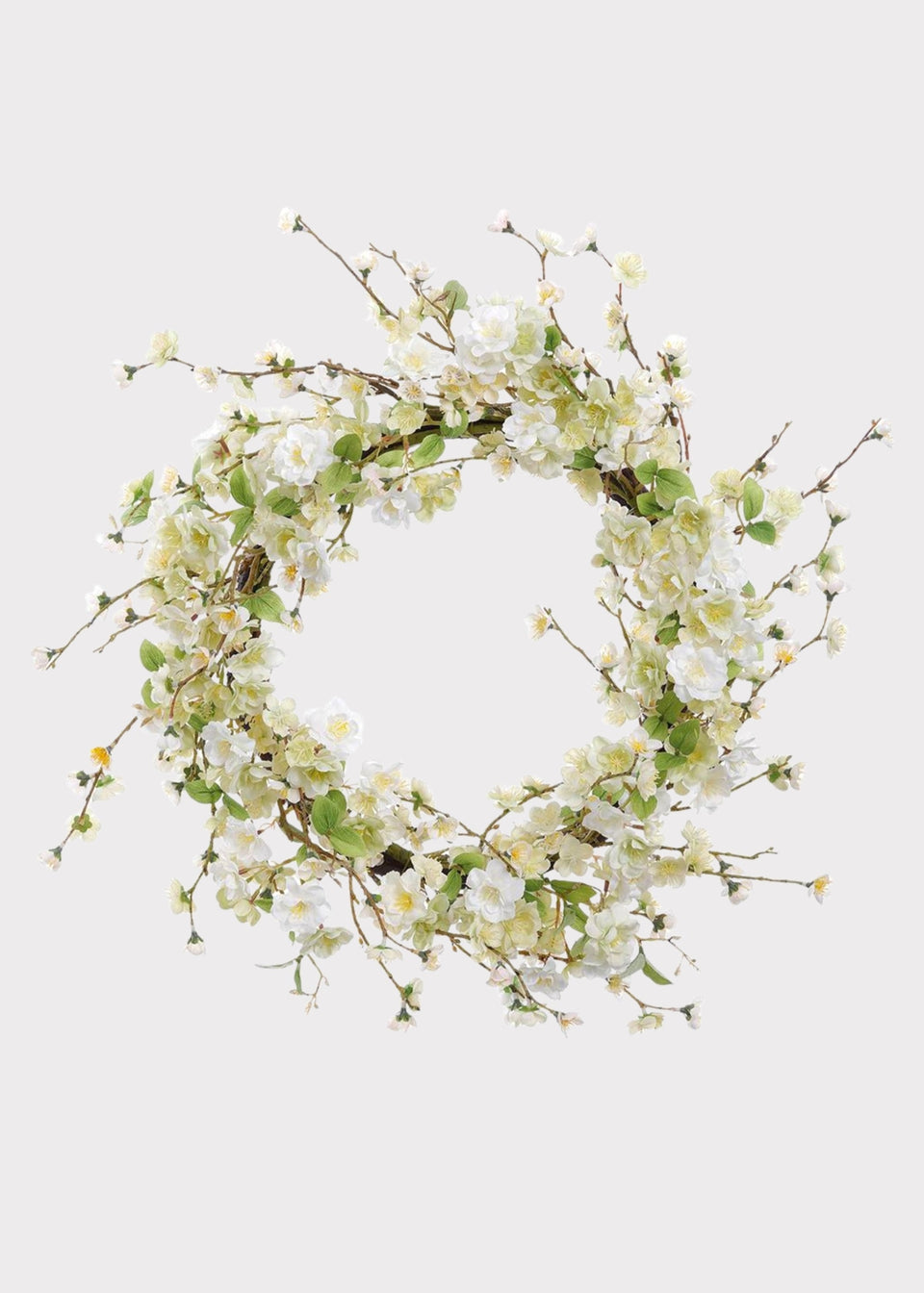 Artificial Wispy Cherry Blossom Flower Wreath in Cream Green - 24"