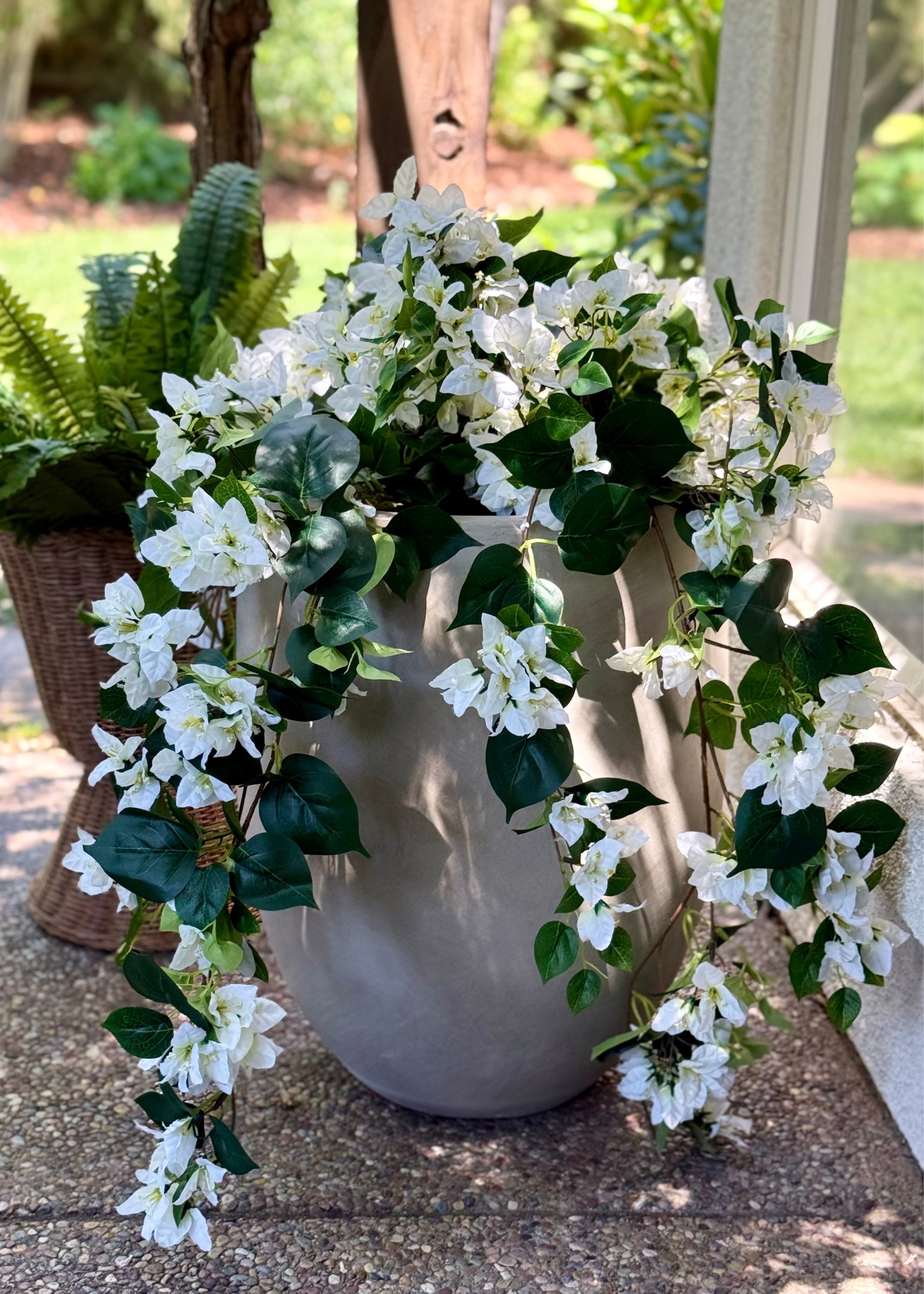 UV Treated Indoor/Outdoor Cream Fake Bougainvillea Hanging Bush - 42"