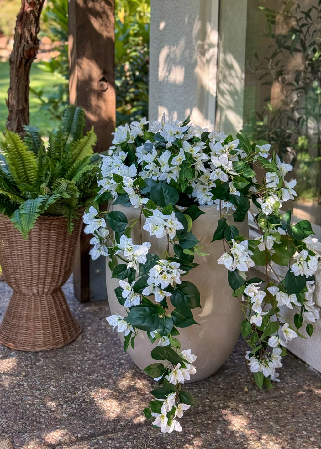 UV Treated Indoor/Outdoor Cream Fake Bougainvillea Hanging Bush - 42"