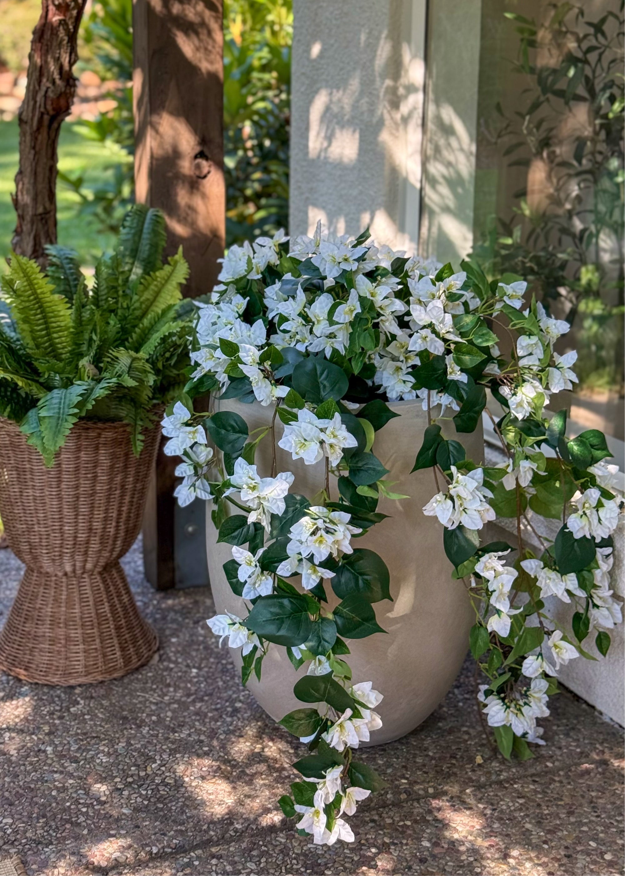 UV Treated Indoor/Outdoor Cream Fake Bougainvillea Hanging Bush - 42"