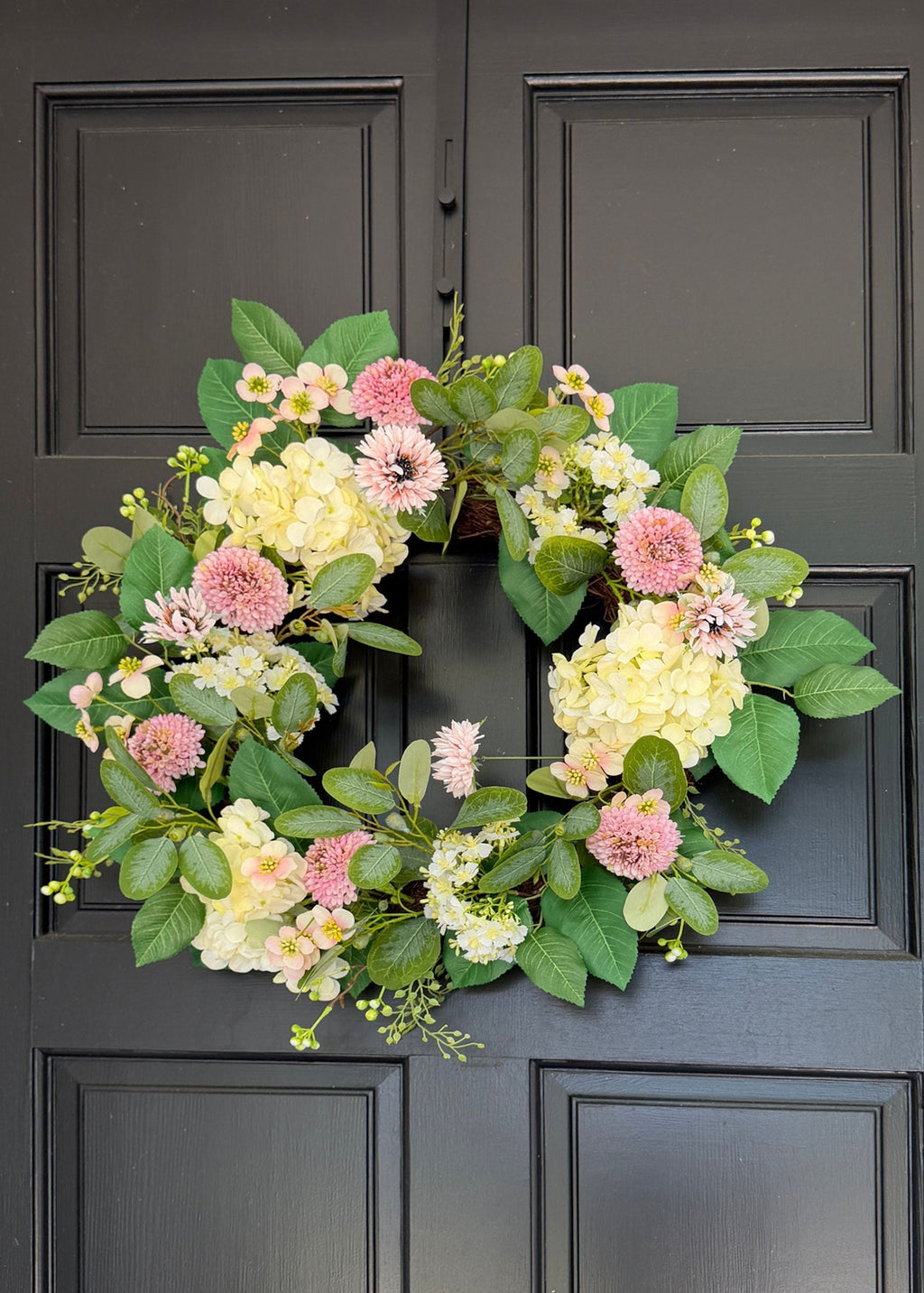 Dahlia and Hydrangea Fake Flower Wreath in Pink Cream - 24"