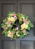 Dahlia and Hydrangea Fake Flower Wreath in Pink Cream - 24"