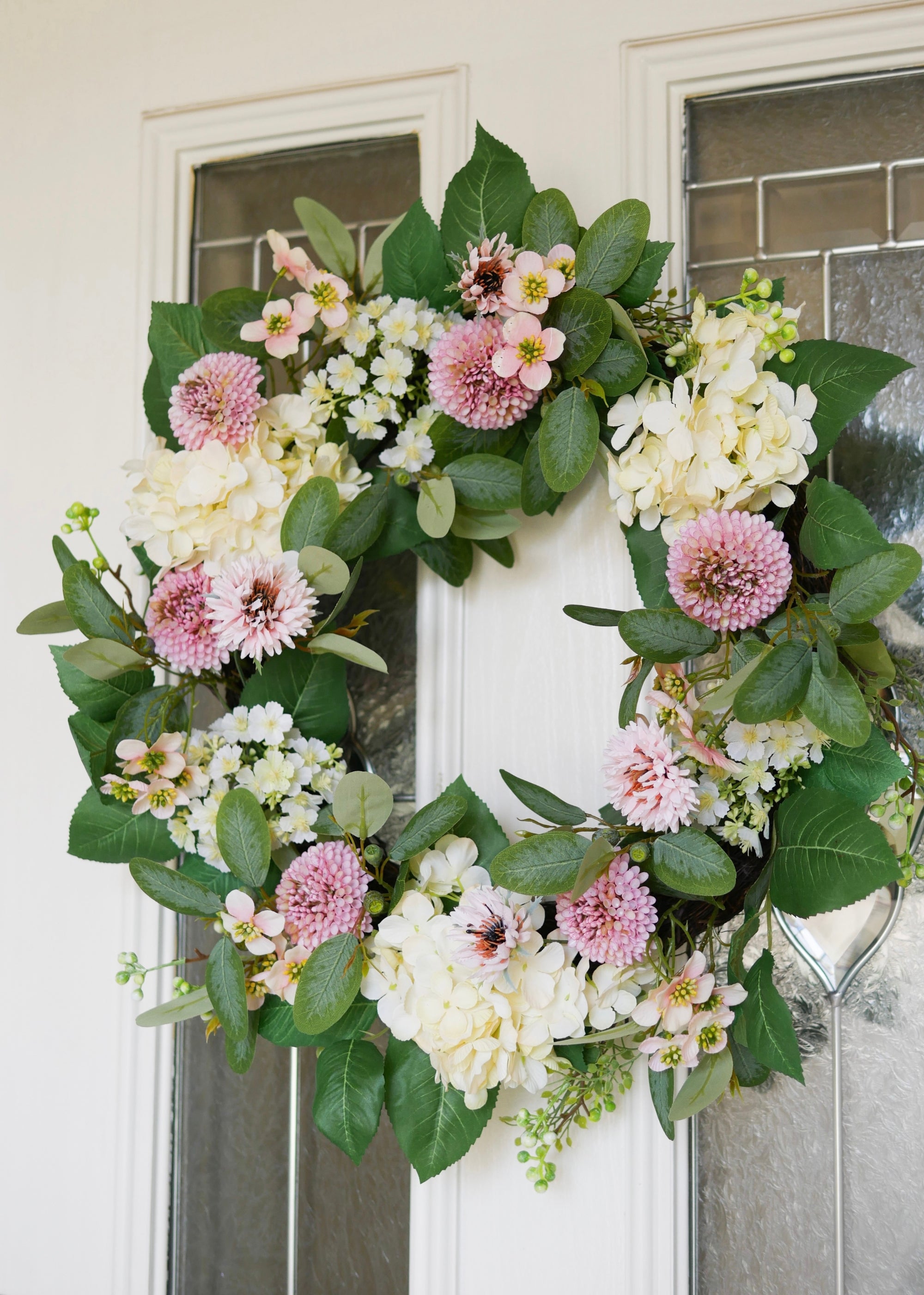 Dahlia and Hydrangea Fake Flower Wreath in Pink Cream - 24"