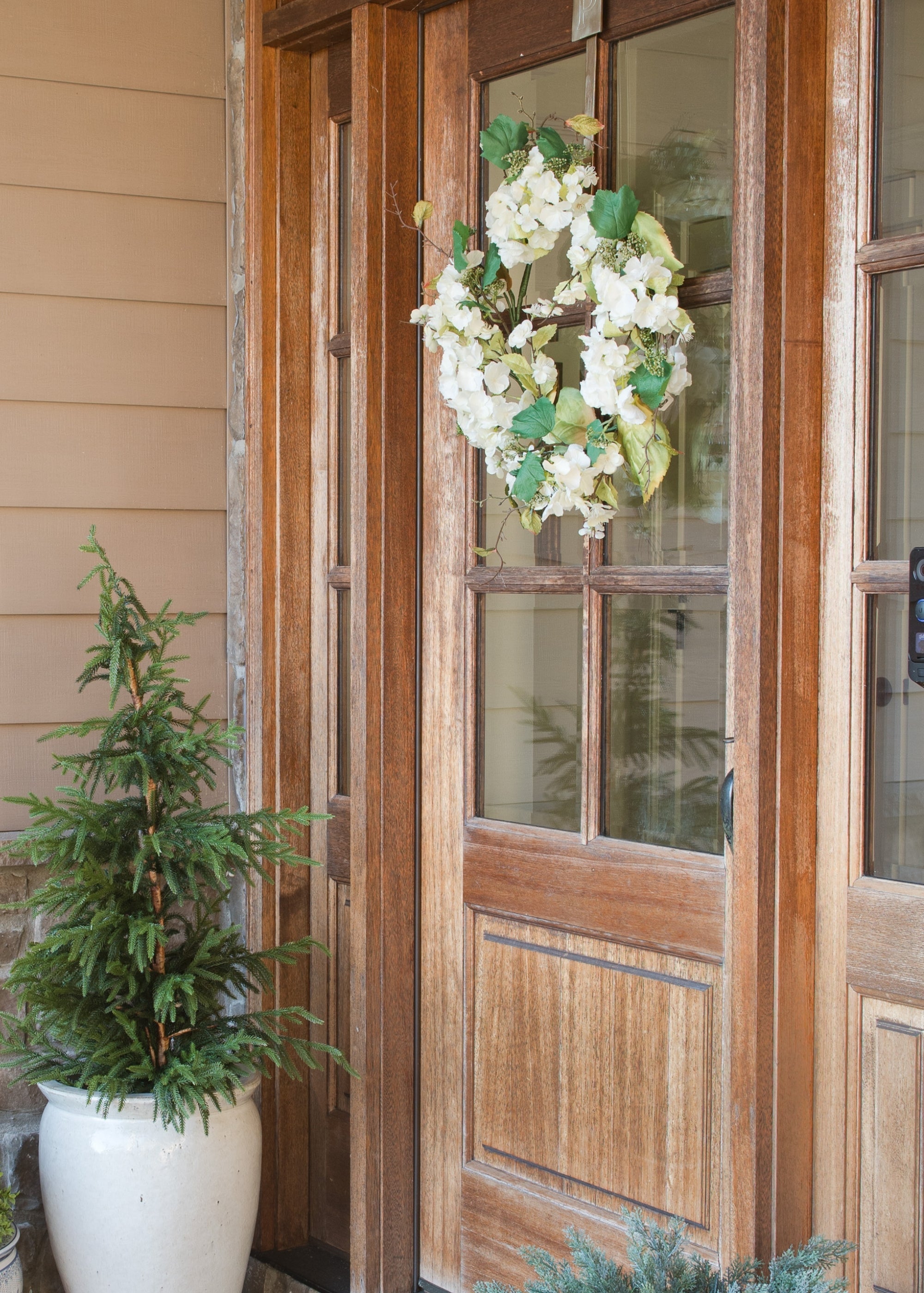 Artificial Hydrangea and Foliage Wreath in Cream Green - 24"