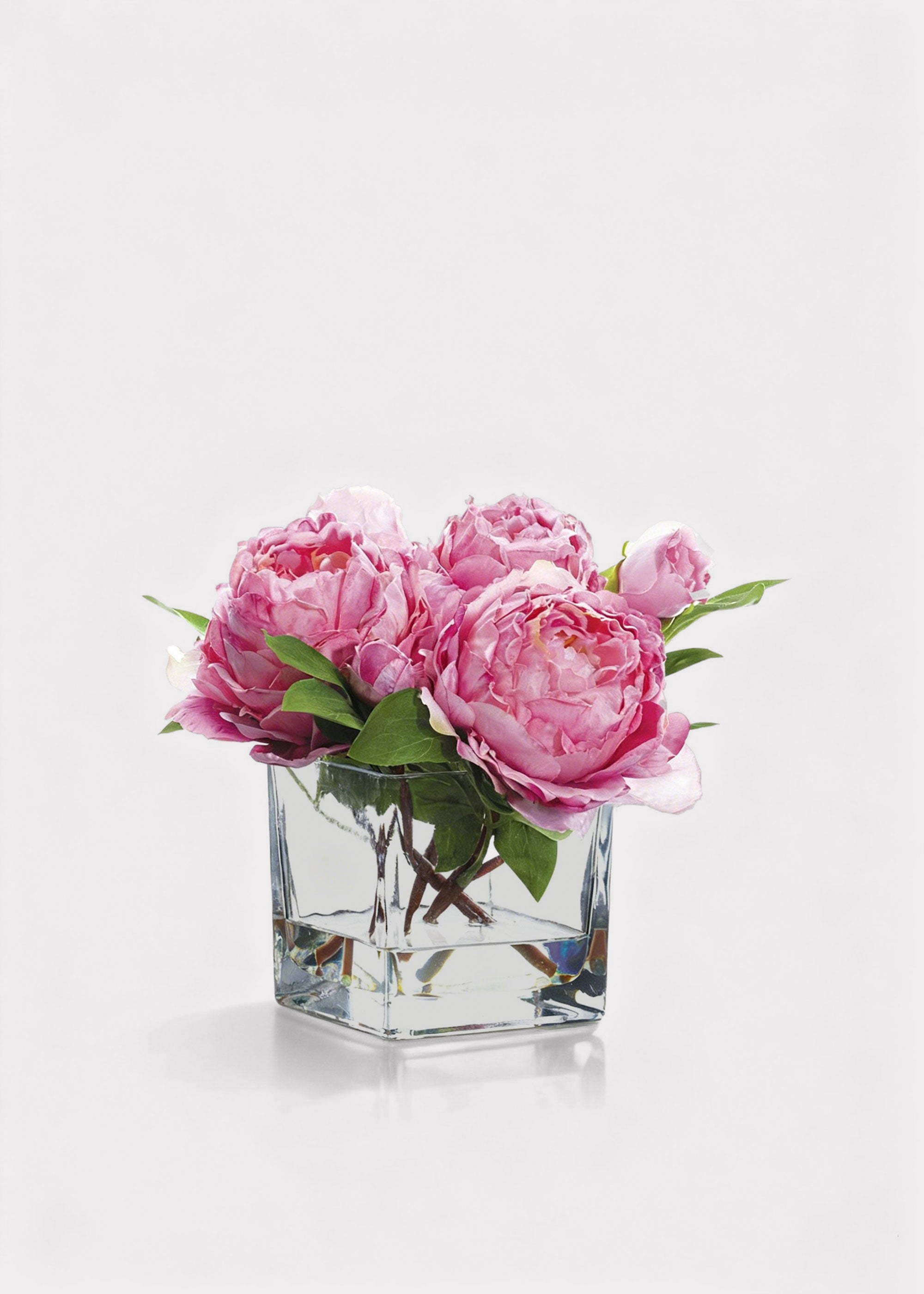 Small Pink Faux Peony Arrangement in Glass Vase - 9"