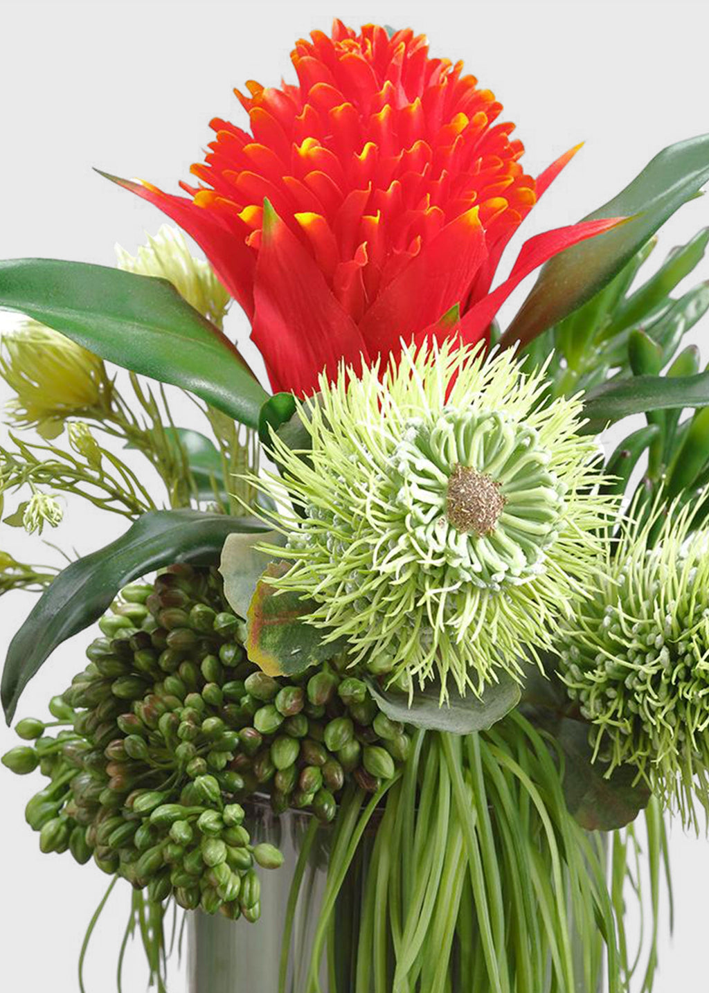 Red Fake Bromeliad and Protea Tropical Flower Arrangement - 12"