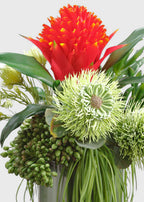 Red Fake Bromeliad and Protea Tropical Flower Arrangement - 12"