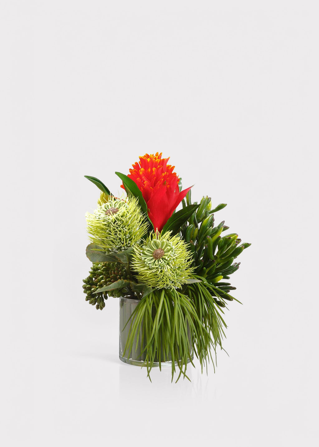 Red Fake Bromeliad and Protea Tropical Flower Arrangement - 12"