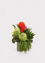 Red Fake Bromeliad and Protea Tropical Flower Arrangement - 12"