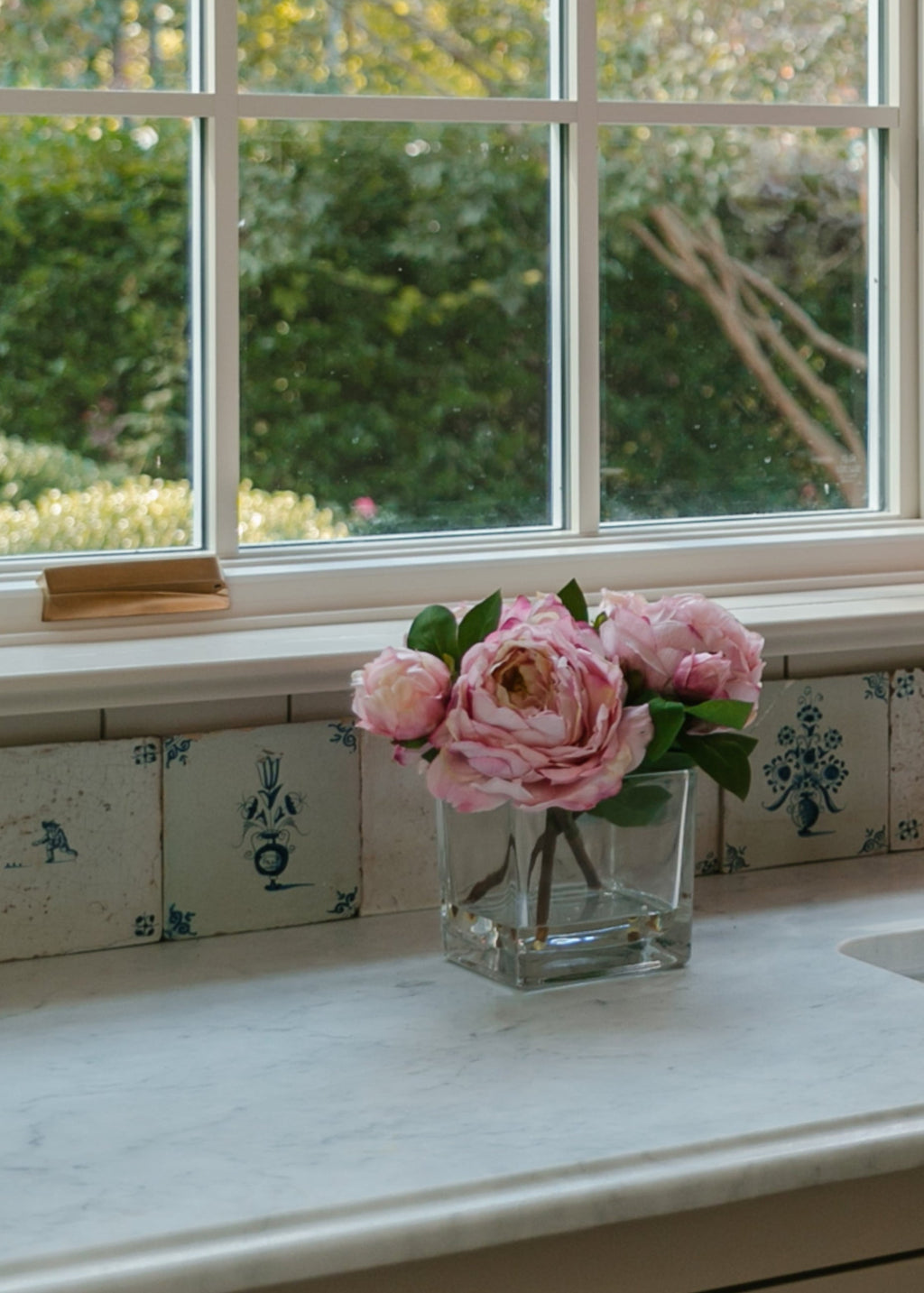 Small Pink Faux Peony Arrangement in Glass Vase - 9"